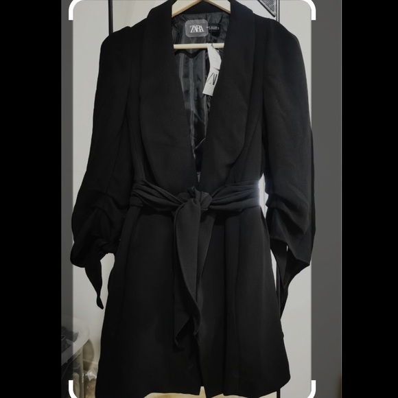Zara Tied Bow Sleeve Puff Shoulder Black Belted Frock Coat Black M - Picture 15 of 16